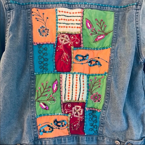 Vintage Ladies Patchwork Quilt Sequin Jean Jacket - Picture 6 of 8